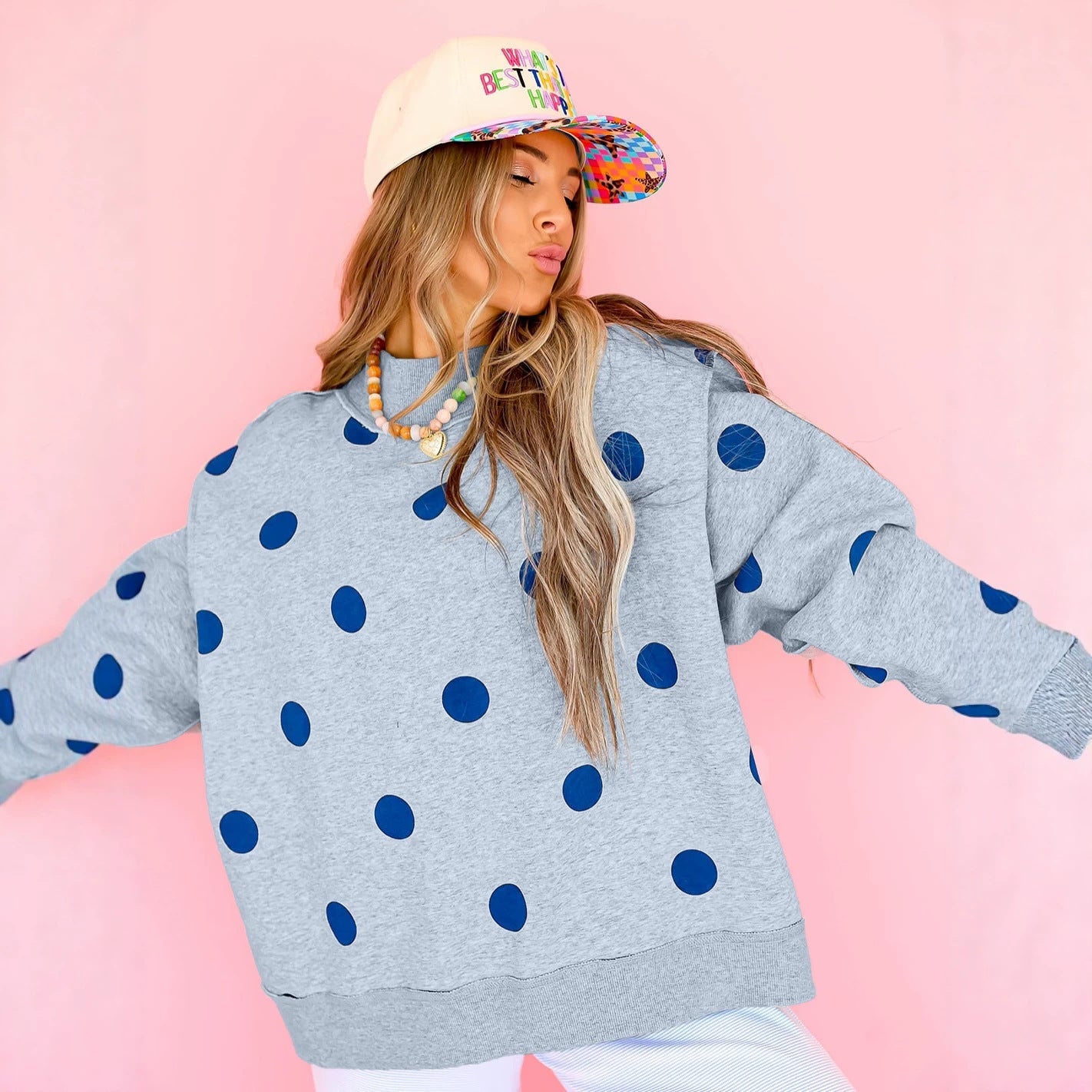Womens Relaxed-fit Casual Polka-dot Printed Mock-neck Sweatshirt