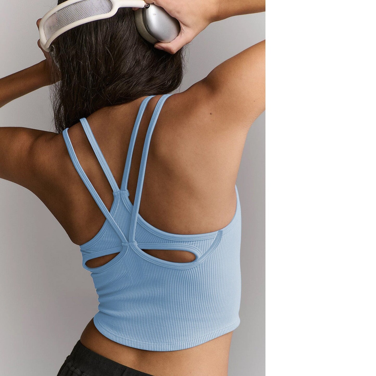 Women's Sleeveless Fashionable Unique Sports Casual Thin Strap Hollow Back Crop Backless Tank Top With Built-in Bra Pads