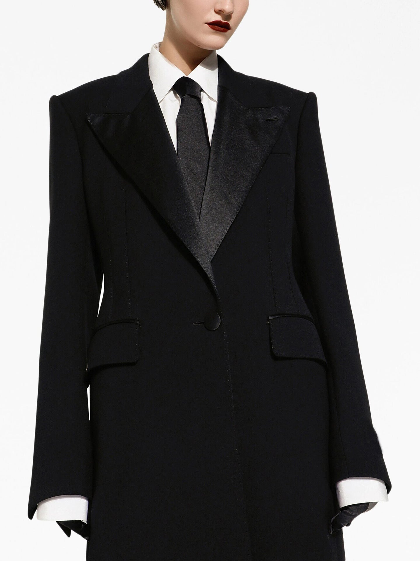 Colored Satin-lined Long-sleeve Coat With A Back Slit