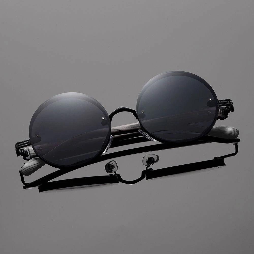 Vintage Round-frame Womens Sunglasses Metal Punk Style With Wood-grain Temples Stylish And Versatile