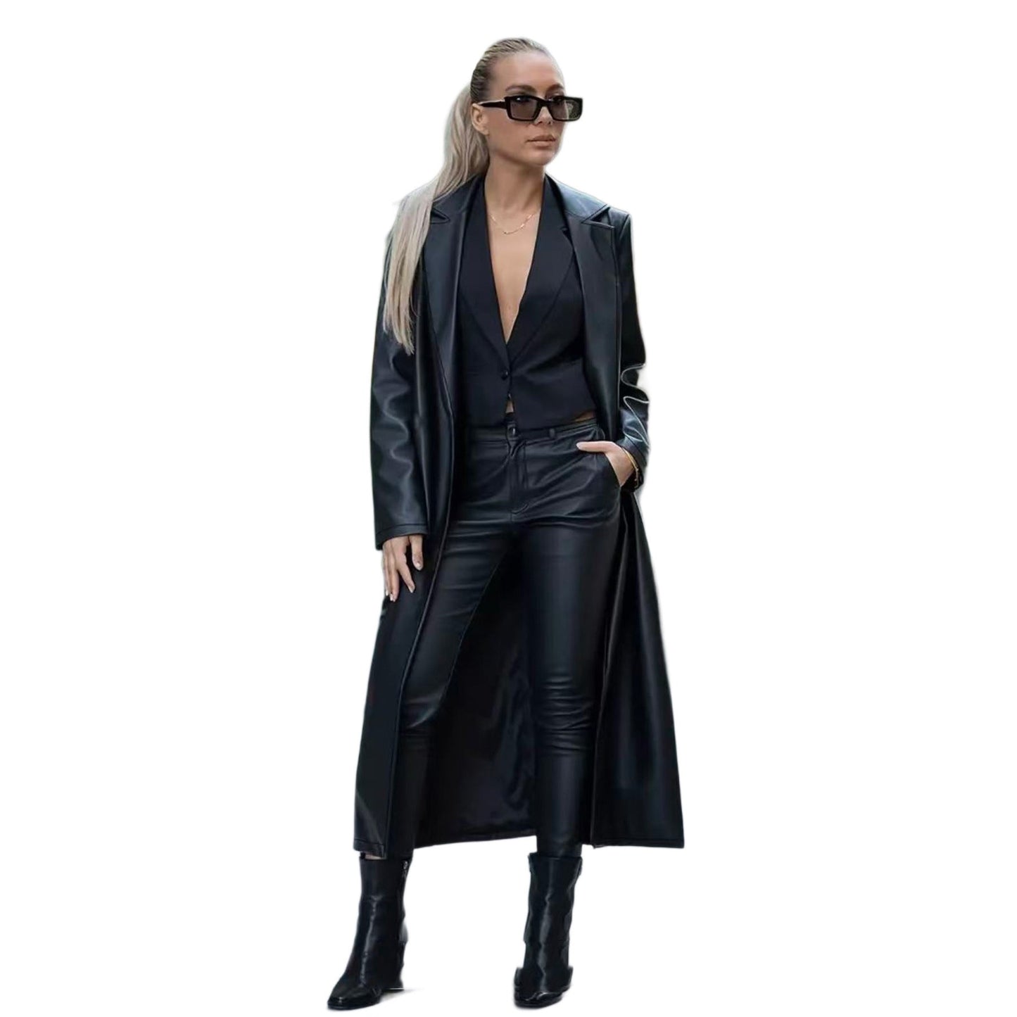 Solid Color Loose Fit Long Leather Coat For Women