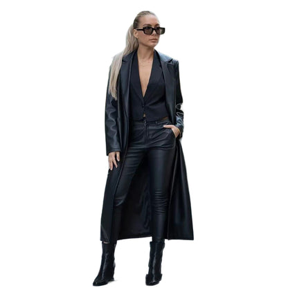 Solid Color Loose Fit Long Leather Coat For Women
