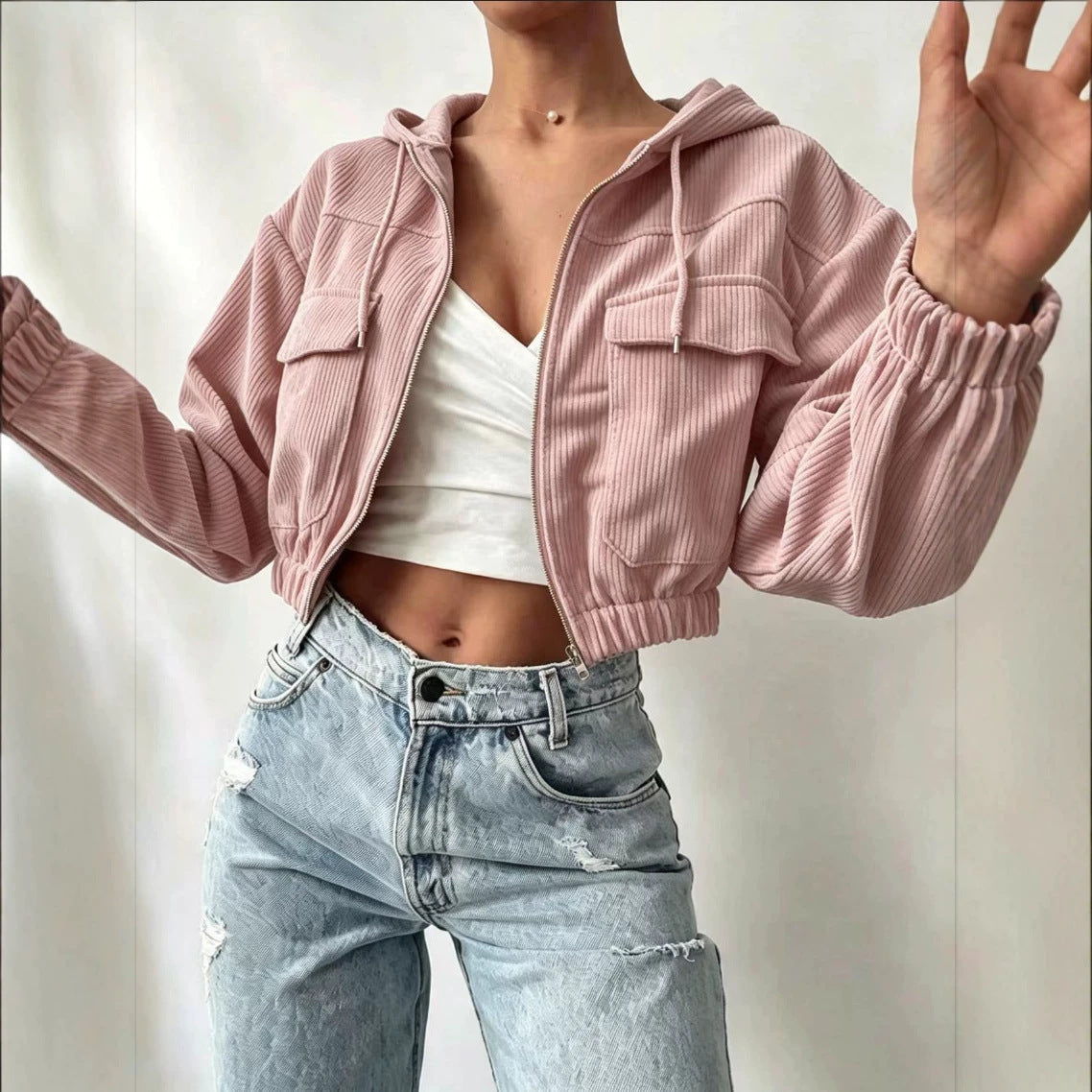Womens Hooded Drawstring Short Jacket With Long Sleeves