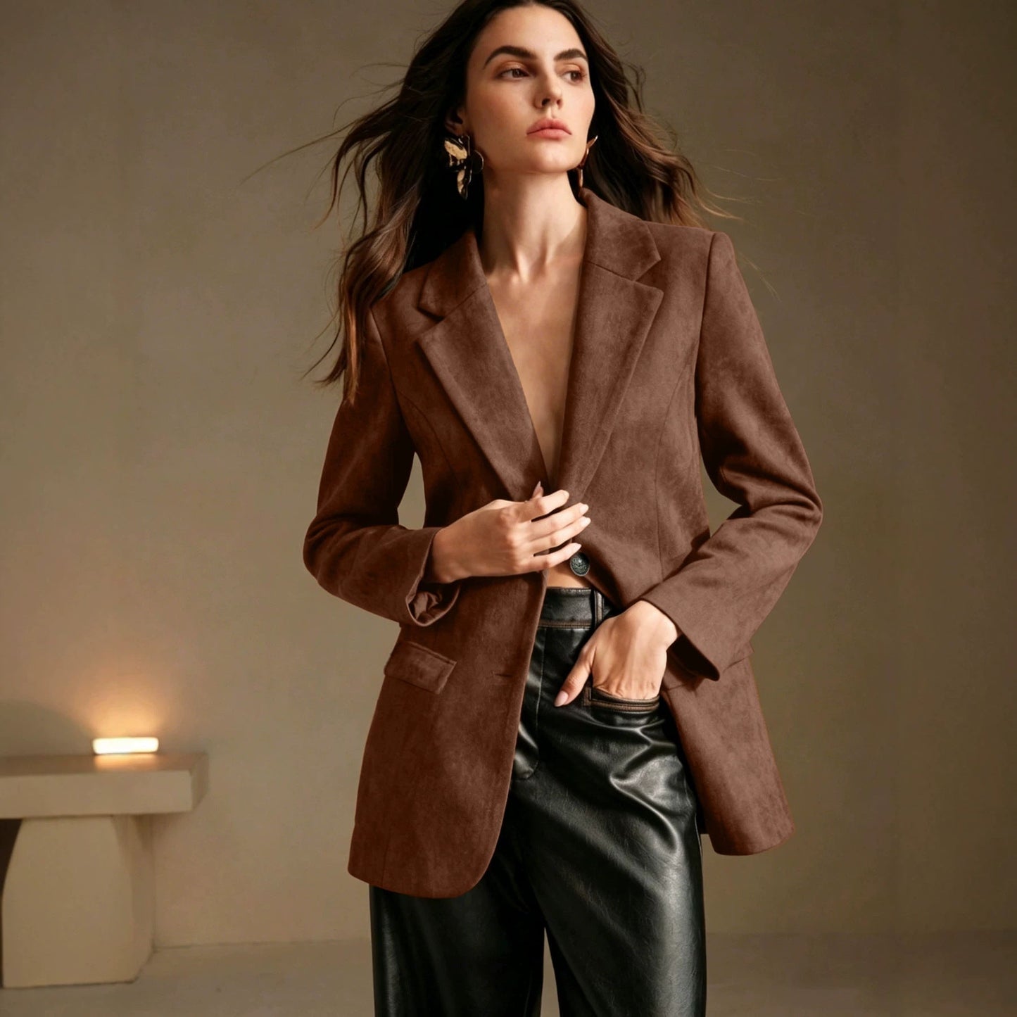 Double-breasted Suede Velvet Blazer With Flap Pockets And Long Sleeves