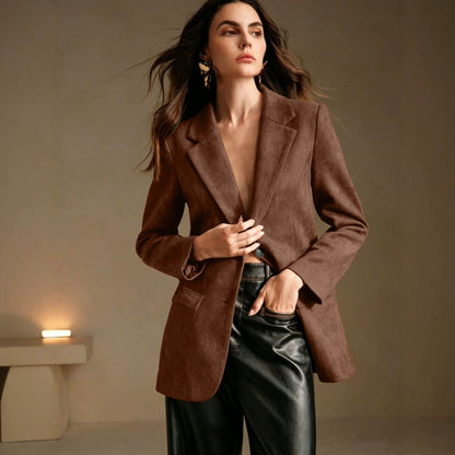 Double-breasted Suede Velvet Blazer With Flap Pockets And Long Sleeves