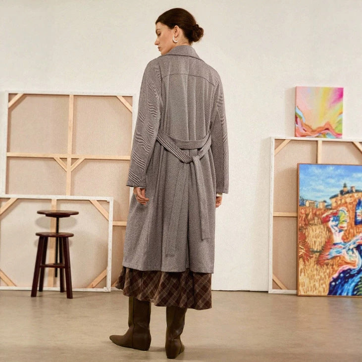 Casual Woolen Lace-up Long Coat