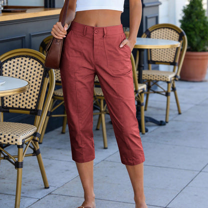 Women's Solid Color High Waist Cargo Capris With Patch Pockets, Summer Casual Work Cropped Pants