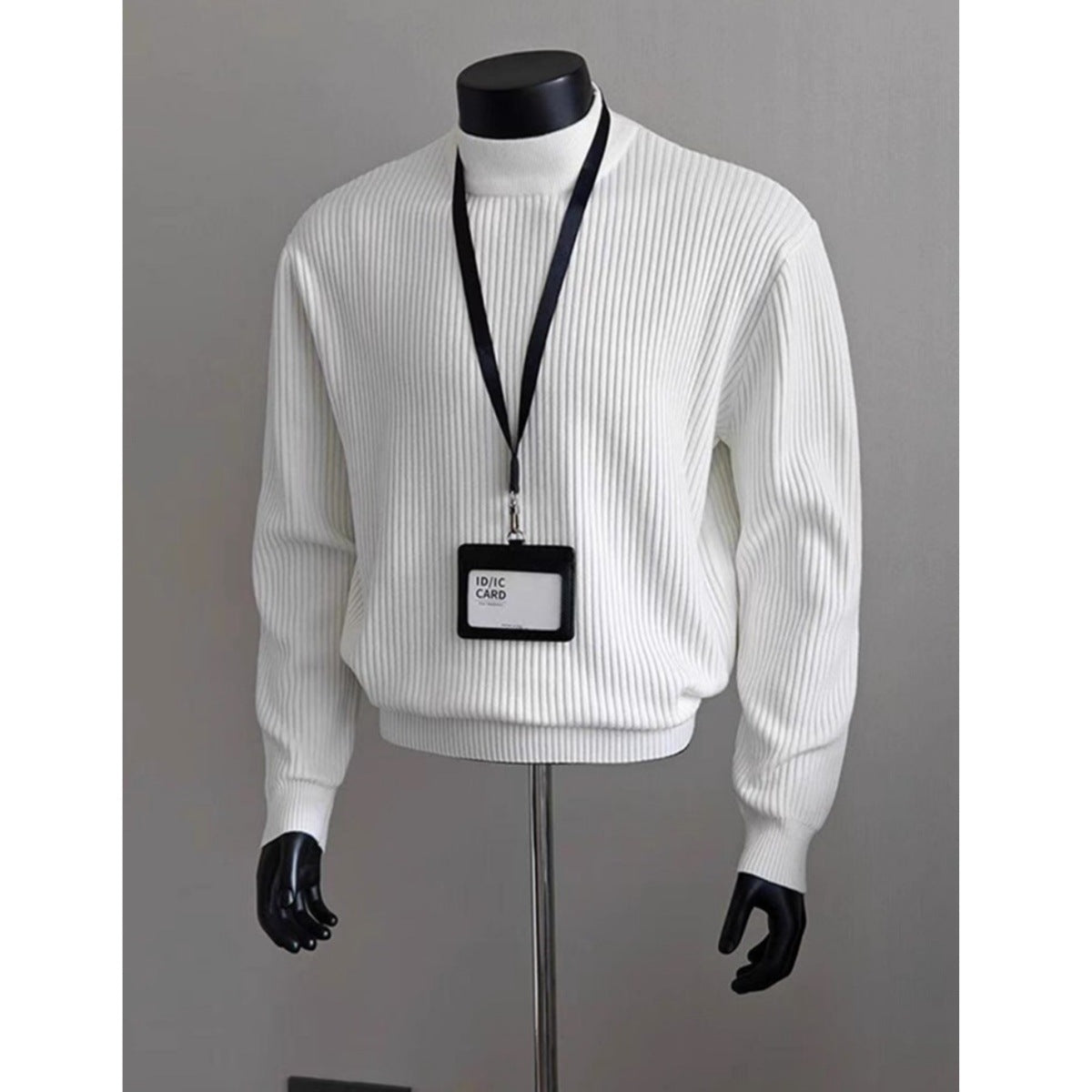 Mens White Ribbed Turtleneck Sweater Knitted Top