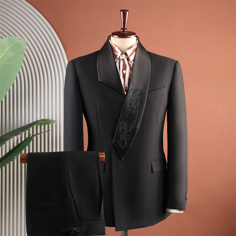 Luxury Satin Shawl Collar Floral Embroidered Tuxedo Suit