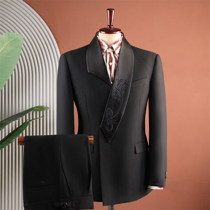 Luxury Satin Shawl Collar Floral Embroidered Tuxedo Suit