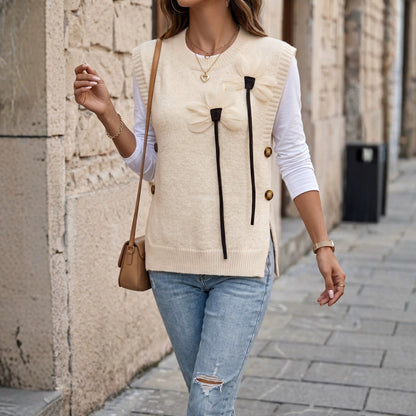 New Fallwinter Womens Knitted Patchwork Vest With A Round Neckline And Solid Color