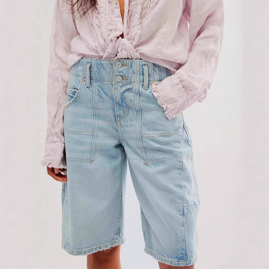 European And American Retro Washed Blue Denim Straight- Leg Cropped Pants