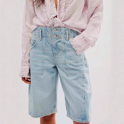 European And American Retro Washed Blue Denim Straight- Leg Cropped Pants