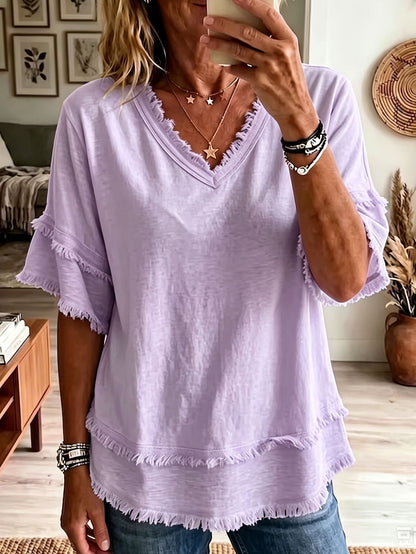 Casual Women's Shirt V-Neck Short Sleeve Loose Fit Pure Color Summer Fashion Trend Pullover Tops For Daily Wear
