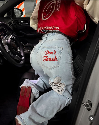 Women's Straight-leg Washed Embroidered Ripped Jeans