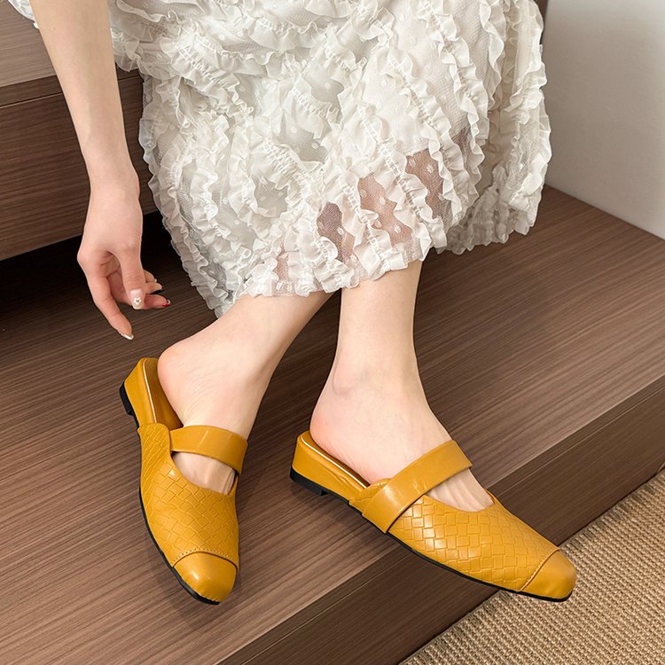 Slope Heel Splicing Slippers For Women, Woven Half Slippers For Outerwear, Square Toe Shoes