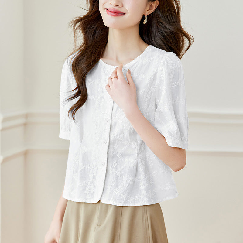 Round-neck Embroidered Shirt Womens Short-sleeve Top