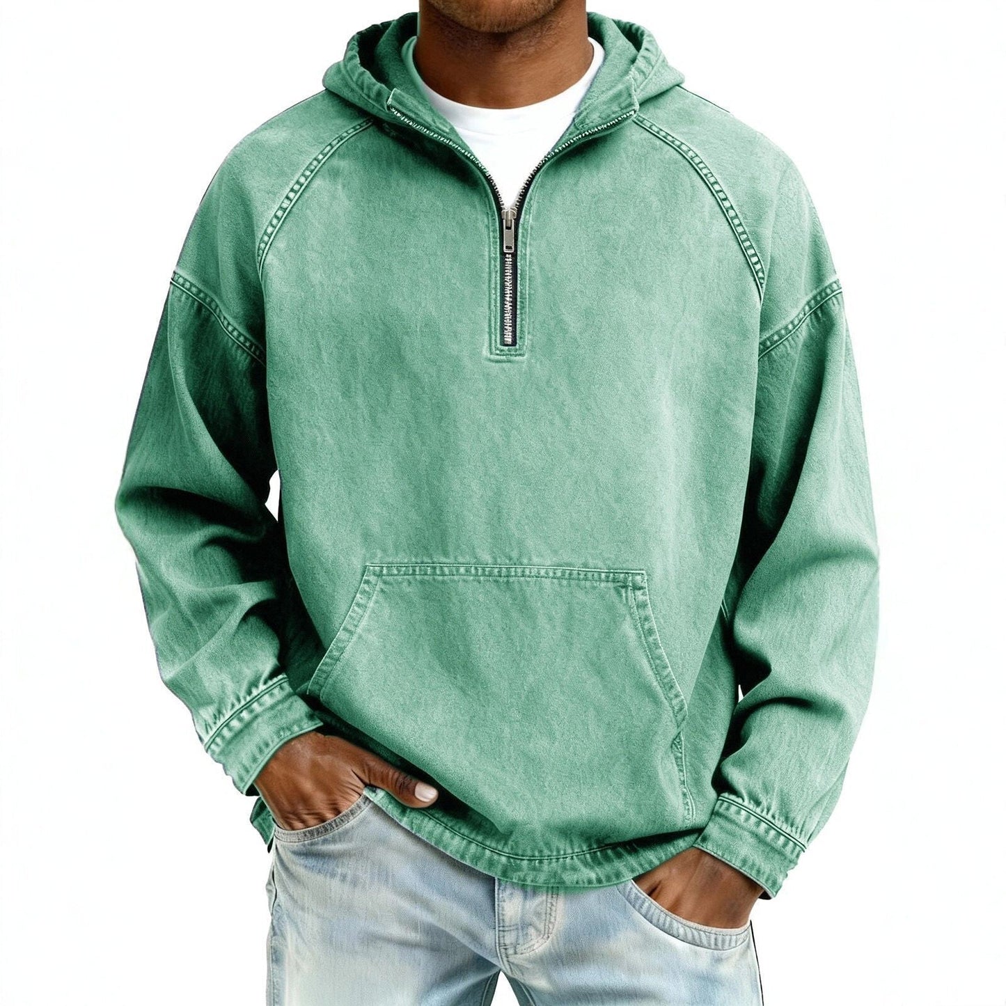 Mens Solid-Color Casual Hooded Zip-Up Sweatshirt