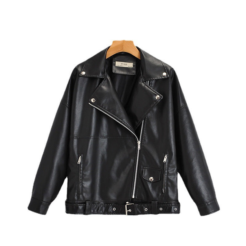Turn-down Collar Loose Leather Jacket Womens Top
