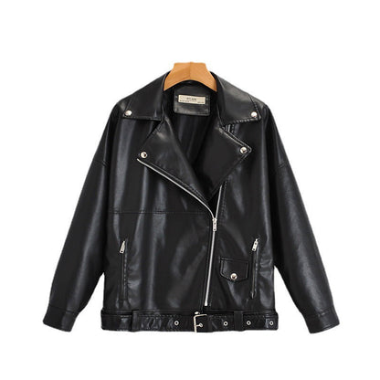 Turn-down Collar Loose Leather Jacket Womens Top