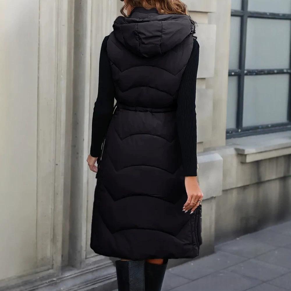 Women's Sleeveless Mid-length Hooded Vest Jacket Coat