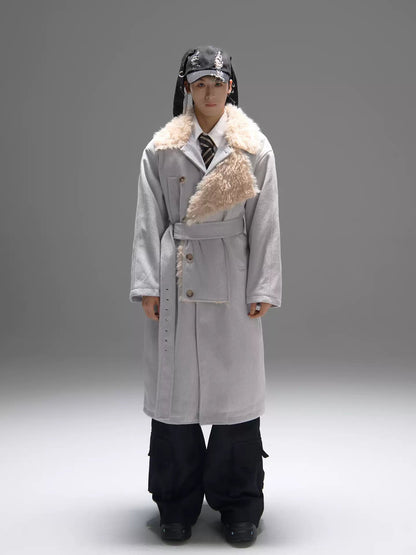 Color-block Design Over-the-knee Trench Coat Silhouette Plus-thick Cotton Coat