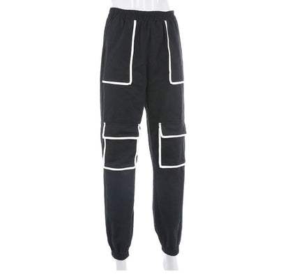 White Stripe Cargo Pants Women Trousers Pockets Patchwork Contrast Color High Waist Pants Hip Hop Capris