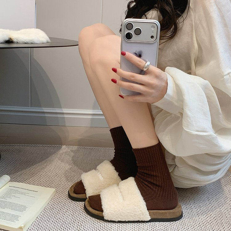 2026 Autumn New Women's Lamb Wool Flat Slippers, Soft Sole Non-Slip Versatile Fashion Furry Slides For Outdoor Wear
