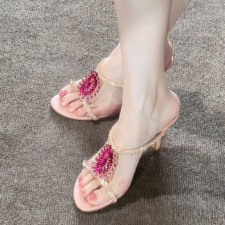 Sandals Women 2026 New Rhinestone Gem Slide Sandals Thin Strap High Heel One Strap Slides Luxury