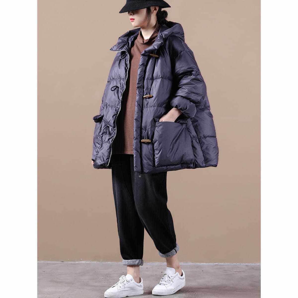 Plus-size Womens Retro Horn-button Hooded Down Coat