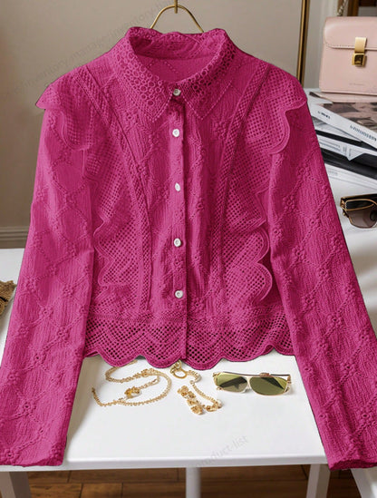 Hollow-out Suit-collar Long-sleeve Single-breasted Casual Lace-patchwork Blouse