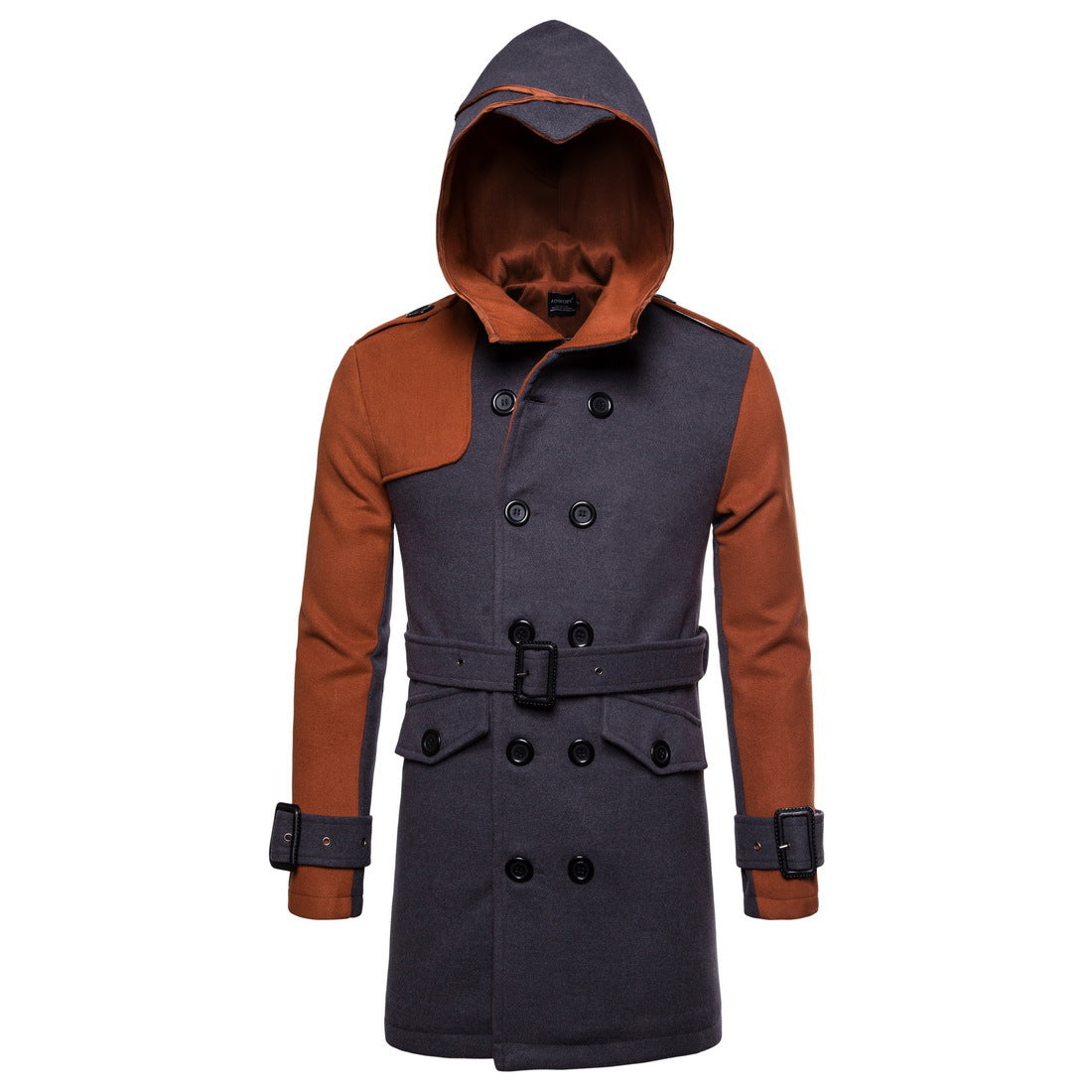 Double-breasted Hooded Belted Mid-length Wool Trench Coat
