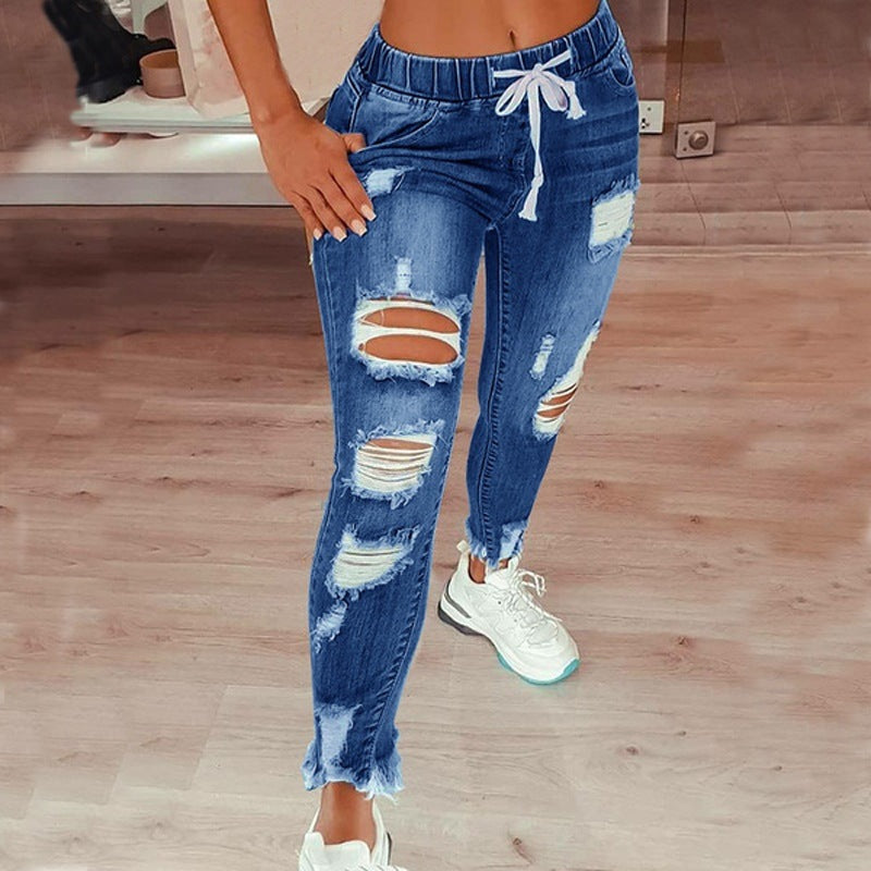 Womens Distressed Ripped Long Denim Pants High Rise Elastic Waist Drawstring Jeans