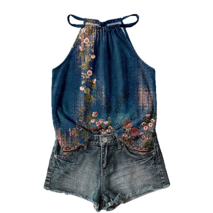Womens Casual Resort-style Halter-neck Sleeveless Tank Top