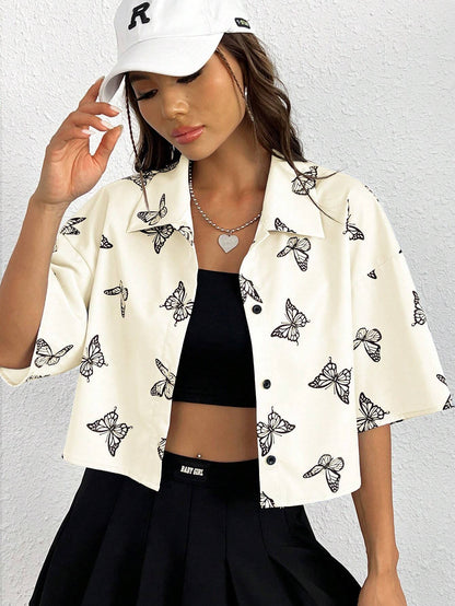Women's Clothing Amazon TEMU Fashion Printed Short-sleeved Niche Butterfly Printed Shirt Women's Clothing