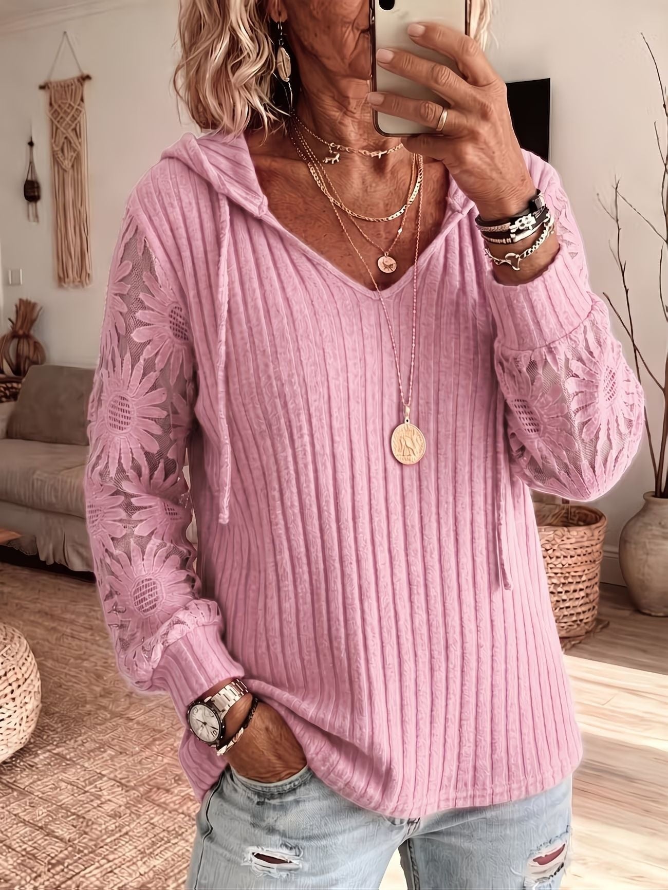 Women V Neck Hooded Sweatshirt Ribbed Knit Floral Lace Splicing Long Sleeve Drawstring Casual Pullover Tops