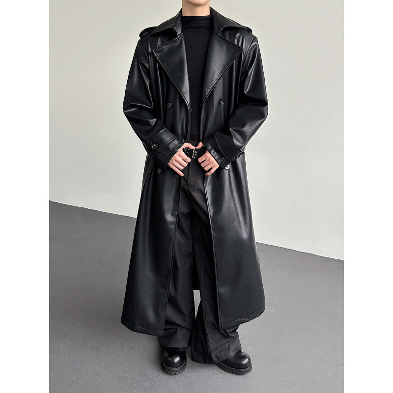 Men's Double-Breasted Leather Long Trench Coat