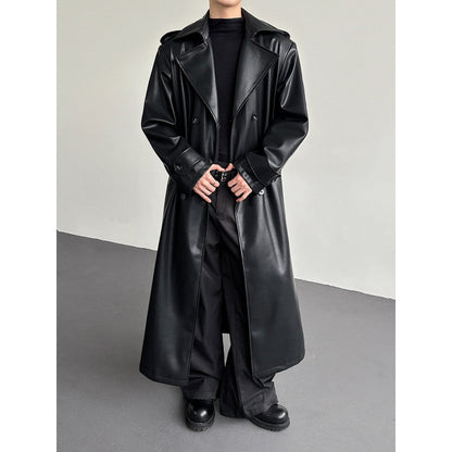 Men's Double-Breasted Leather Long Trench Coat