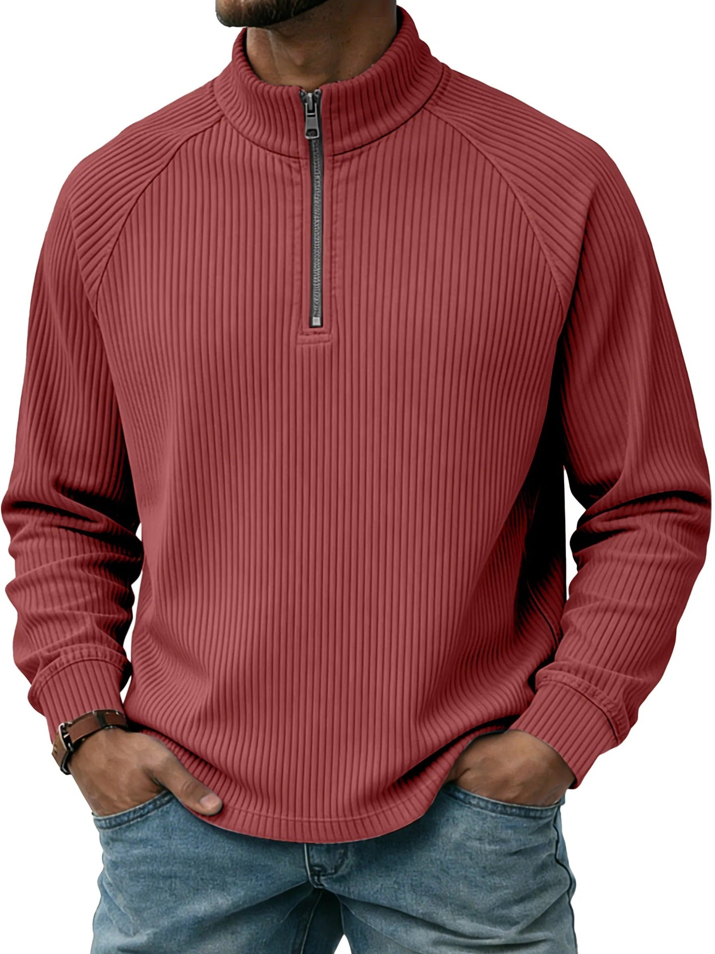 Mens Vertical-Striped Zip-Up Stand-Collar Long-Sleeve Polo Shirt