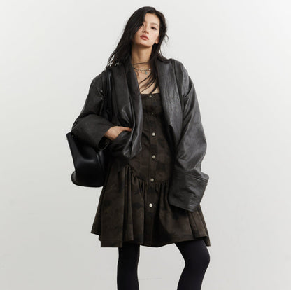 Gender-neutral Pleated Silhouette Ebony-brown Faux Leather PU Jacket
