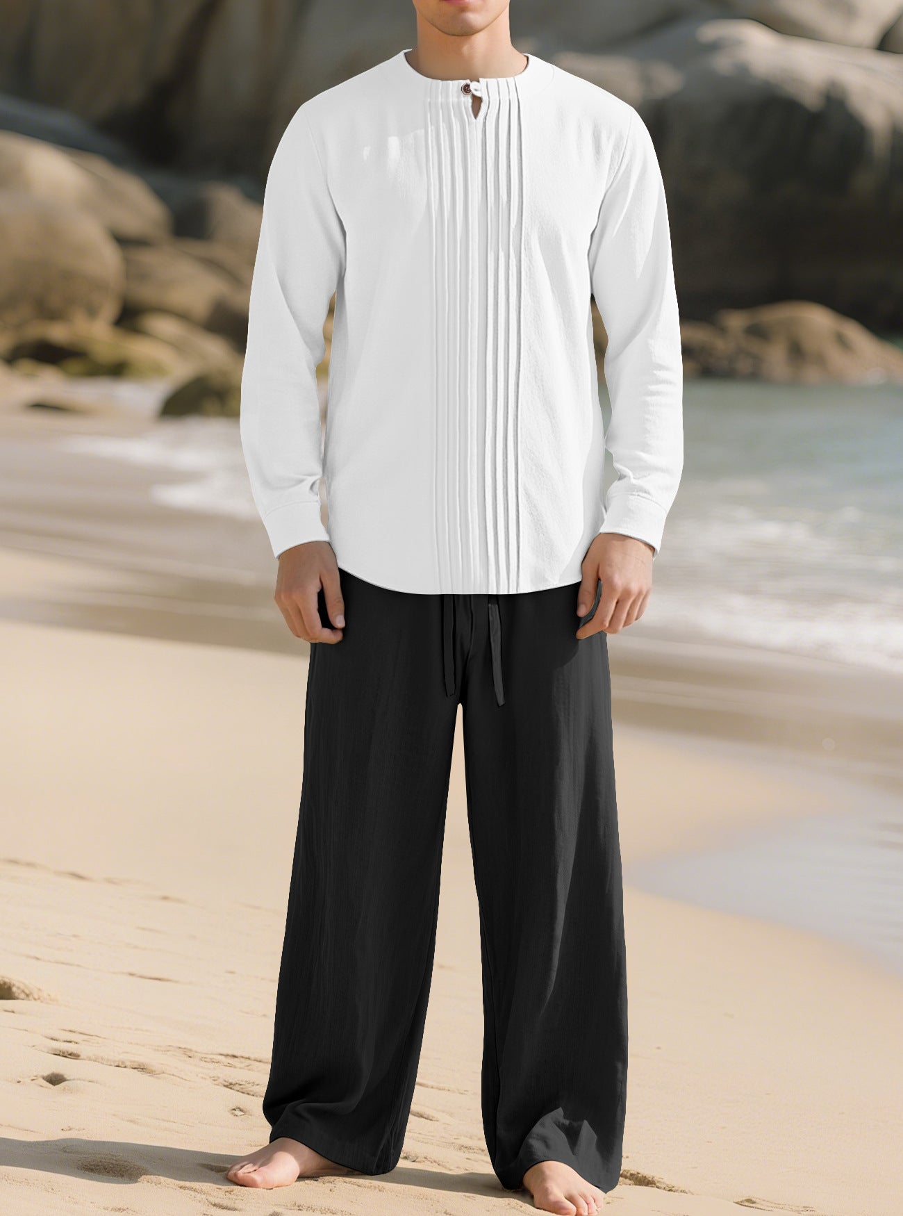 Buttoned Long Sleeve Robe And Straight-leg Pants Mens Suit