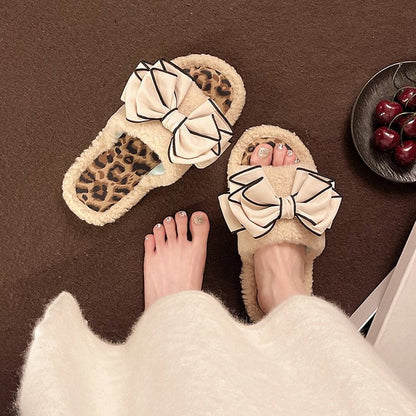 Women's Outdoor Wear Thicken Cotton Slippers Bow Flat 2026 Korean Style Fashion Home Warm Plush Shoes