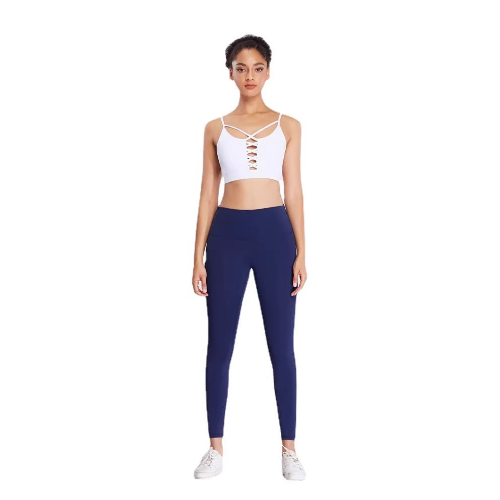 European And American Style Double-Sided Stretch Running Sports Pants High-Waisted Butt-Lifting Peach Butt Solid Color Tight Pocket Yoga Women's Long Pants