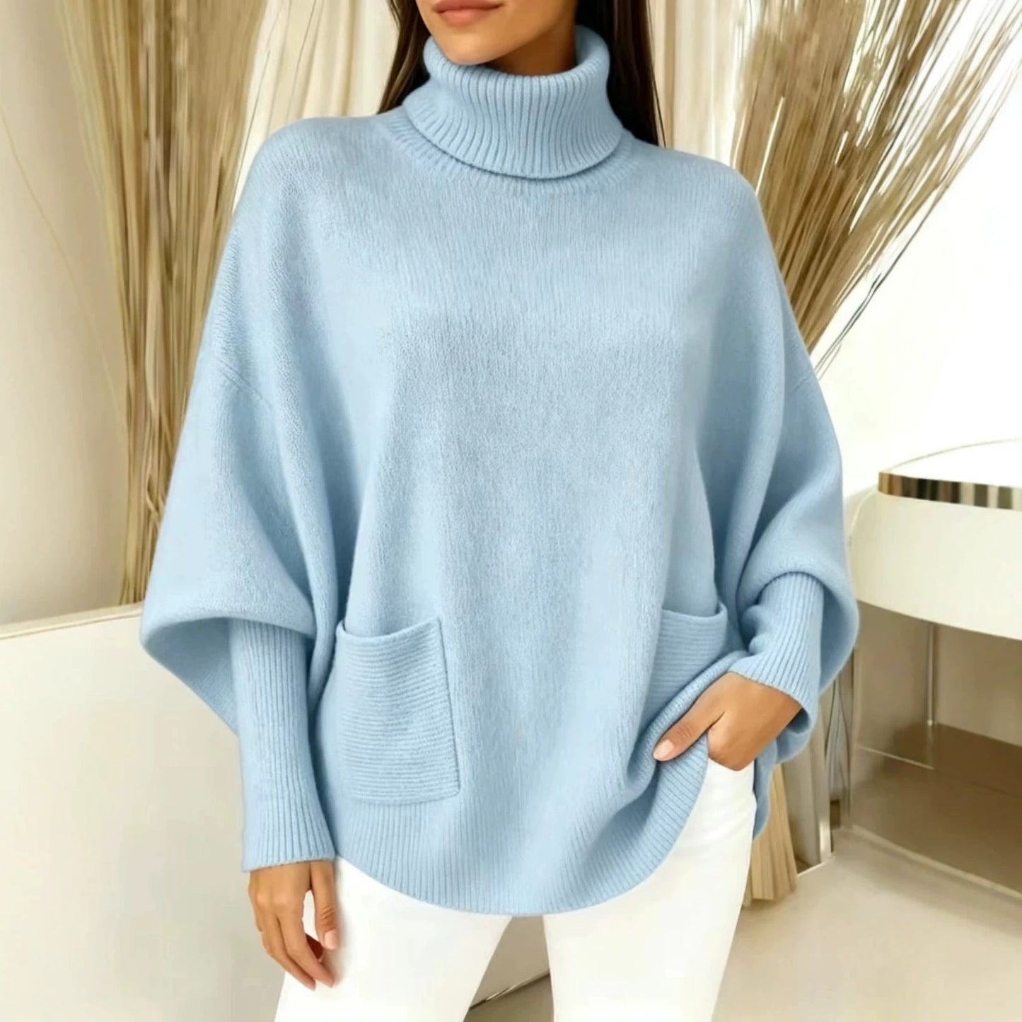 Fashionable Solid-Color Long-Sleeve Turtleneck Sweater For Women