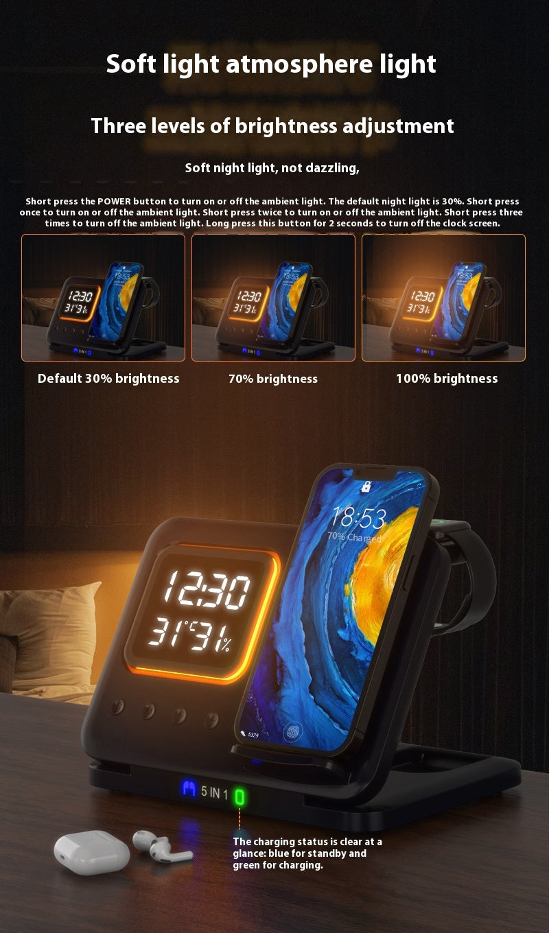 15W Wireless Chargers Stand 5 In1 LED Digital Alarm Clock Fast Charging Dock Station