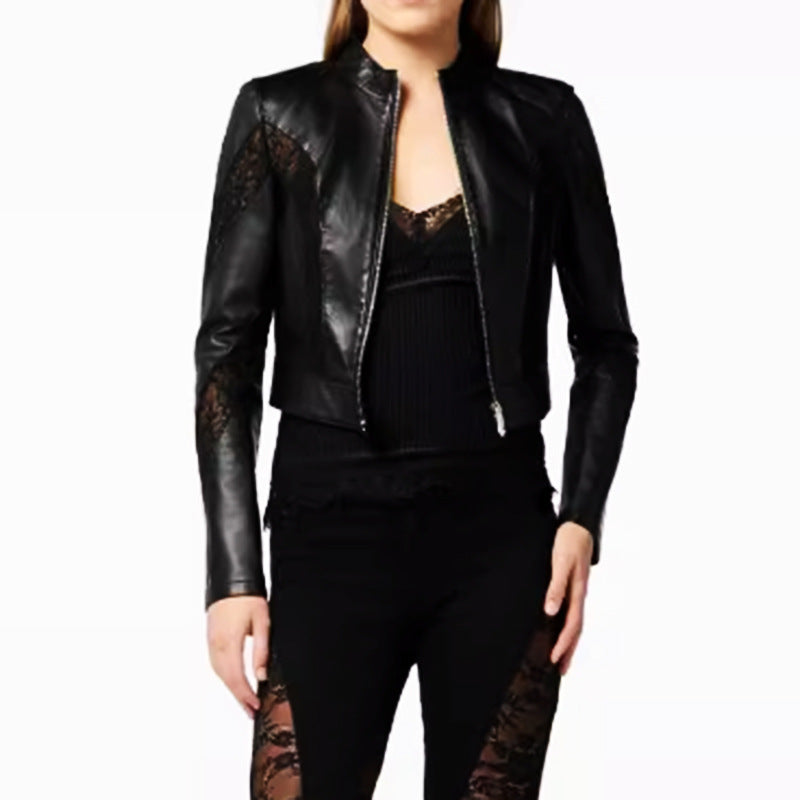 Faux Leather Lace Patchwork Cropped Jacket