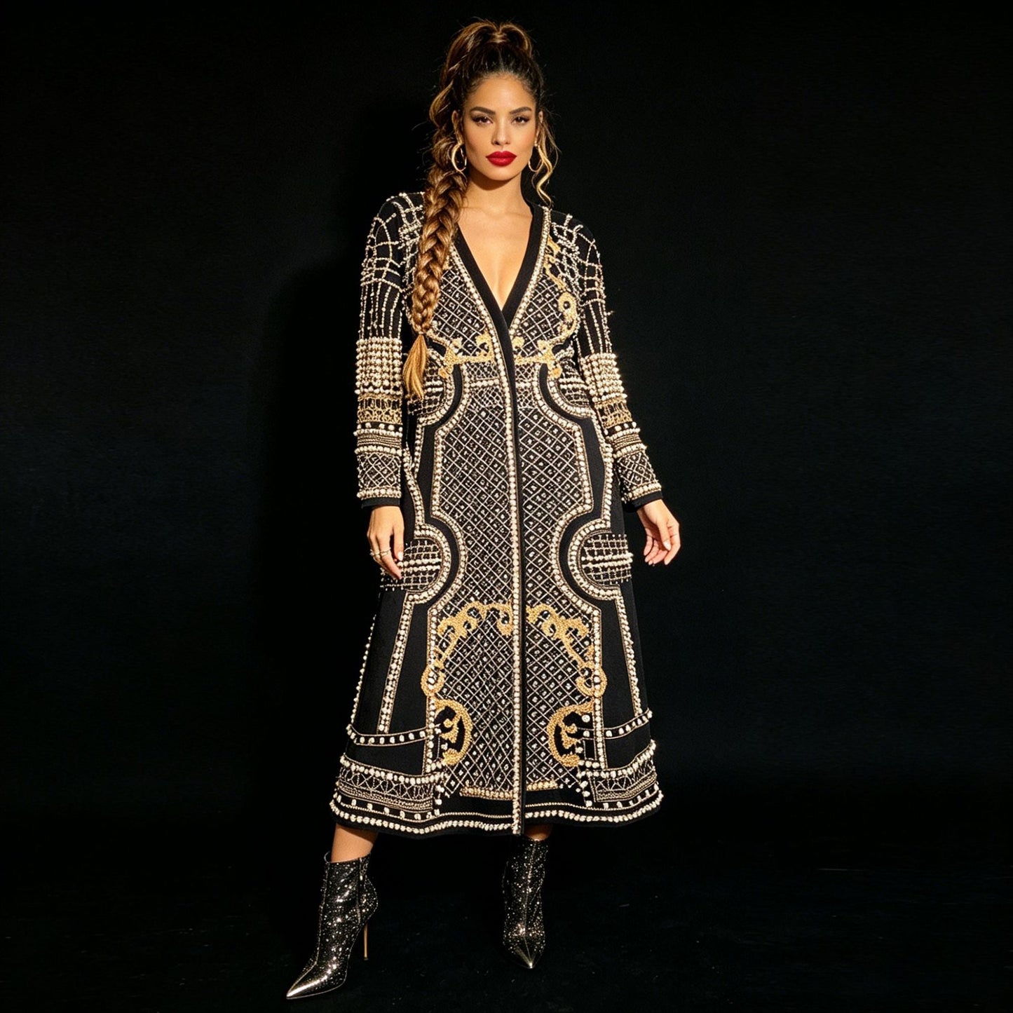 Womens Long Suit-Style Trench Coat With Floral Print And Beading