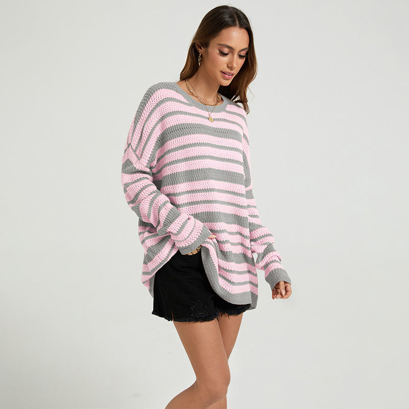 Womens Casual Loose-fitting Top Patchwork Stripes