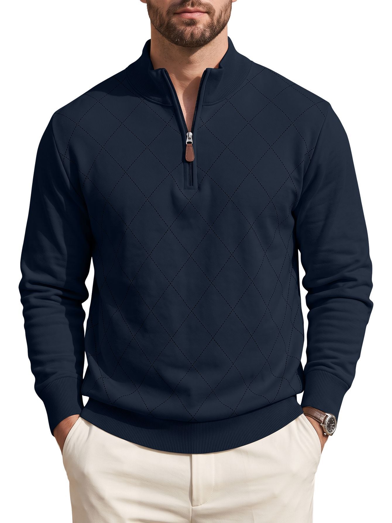 Mens Diamond-Check Half-Zip Long-Sleeve Casual Sweatshirt