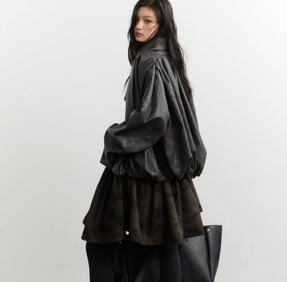 Gender-neutral Pleated Silhouette Ebony-brown Faux Leather PU Jacket